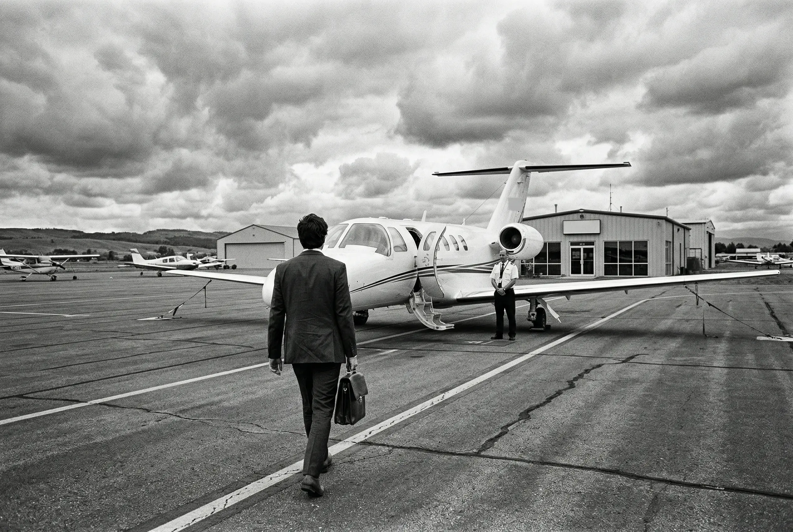Passengers boarding a Citation CJ3+ via airstair at a quiet private FBO
